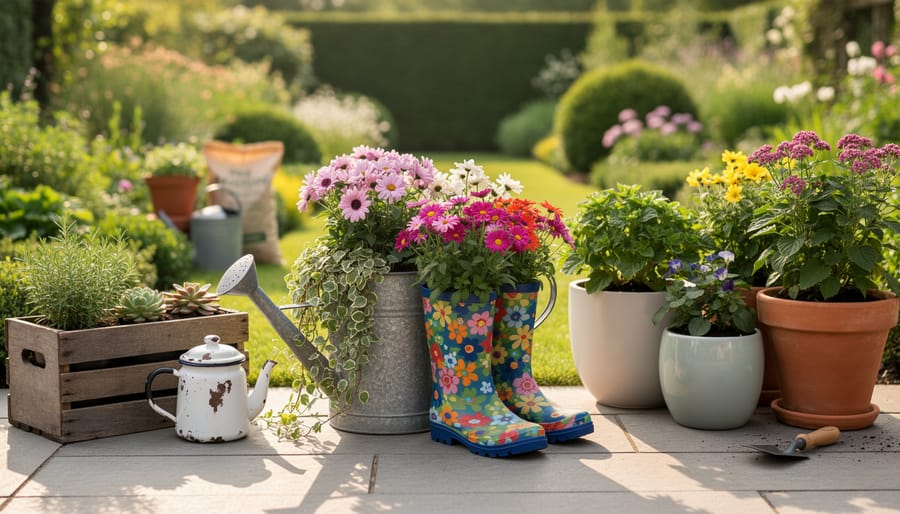 Variety of repurposed and traditional containers including wooden crates, metal buckets, and ceramic pots filled with herbs