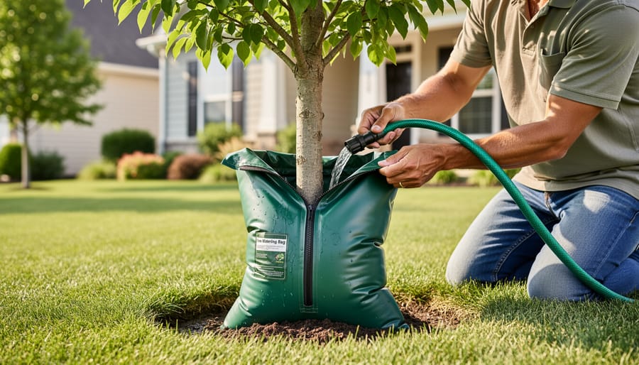 Hands installing and filling a tree watering bag around a young tree