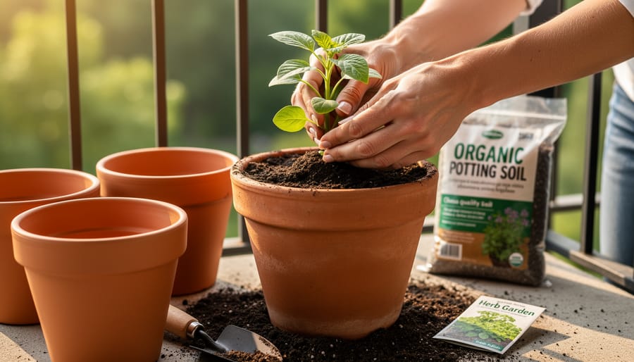 Gardener's hands planting basil seedling in terracotta pot with rich soil on patio table