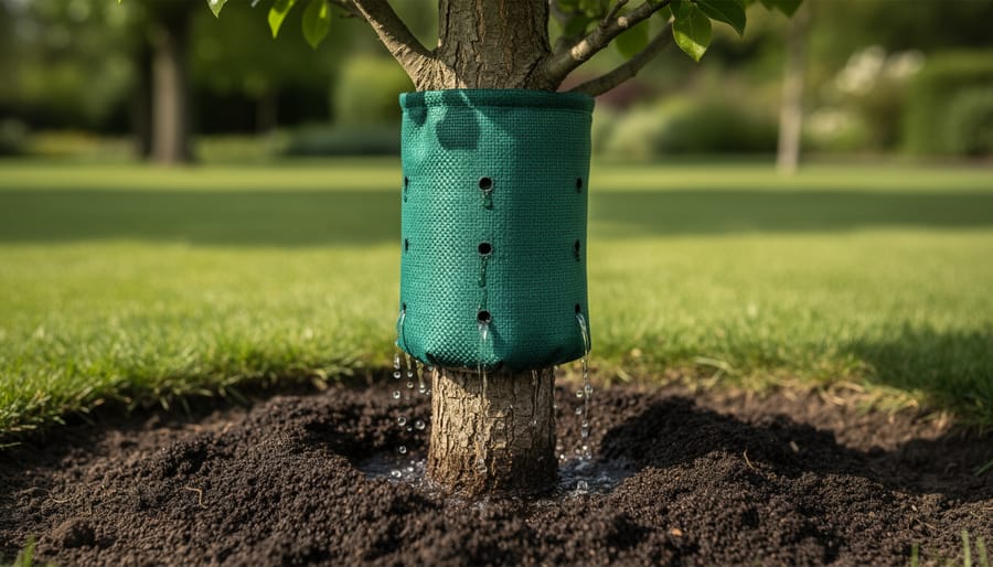 Close-up of water droplets releasing from tree watering bag onto soil