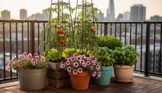Five grouped planters of varying heights on a small urban balcony, featuring cherry tomatoes on a trellis, cascading petunias, and lettuce and basil in recycled containers, lit by warm evening sun with a blurred railing and distant skyline.