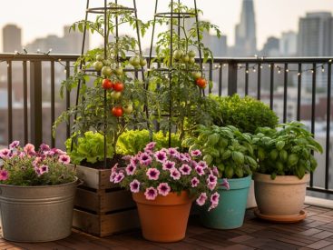 Five grouped planters of varying heights on a small urban balcony, featuring cherry tomatoes on a trellis, cascading petunias, and lettuce and basil in recycled containers, lit by warm evening sun with a blurred railing and distant skyline.