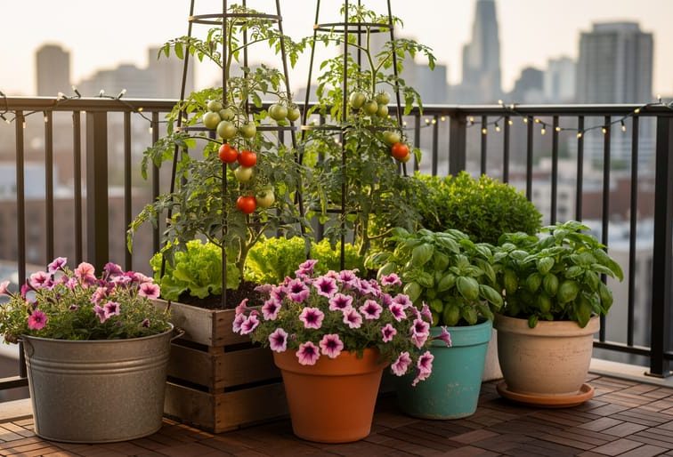 Five grouped planters of varying heights on a small urban balcony, featuring cherry tomatoes on a trellis, cascading petunias, and lettuce and basil in recycled containers, lit by warm evening sun with a blurred railing and distant skyline.
