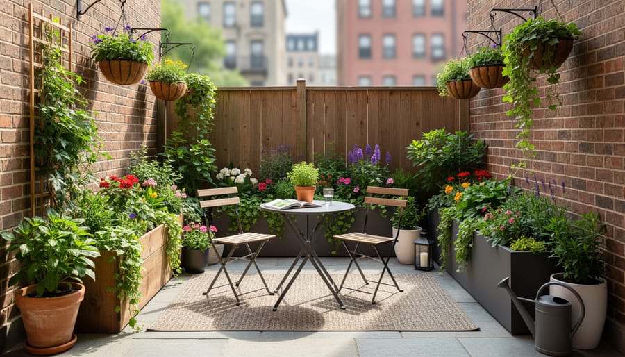 Overhead view of colorful container garden on small urban patio with various planters on wooden deck