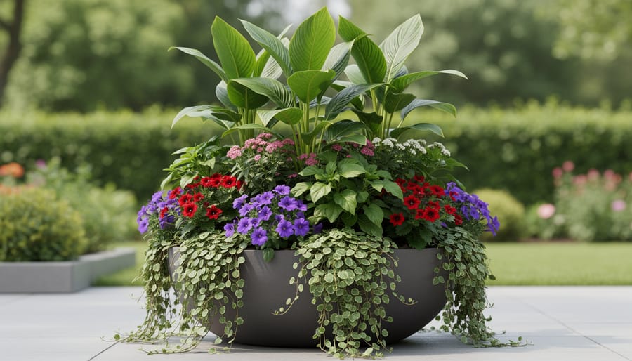 Container garden showing thriller-filler-spiller design with tall center plant, mid-level flowers, and trailing ivy