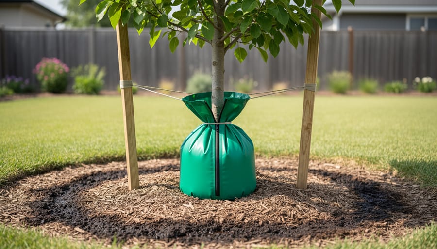 Green tree watering bag installed around the base of a young tree trunk
