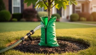 Close-up of a newly planted maple tree with a green slow-release watering bag around the trunk being filled from a garden hose, sunlit suburban yard with a mulched ring and blurred lawn in the background.