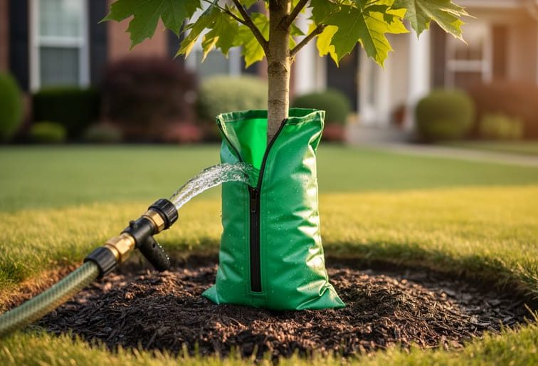 Close-up of a newly planted maple tree with a green slow-release watering bag around the trunk being filled from a garden hose, sunlit suburban yard with a mulched ring and blurred lawn in the background.