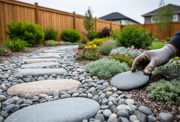 A person placing river stones in a Canadian backyard rock garden with gravel and drought-tolerant alpine plants.