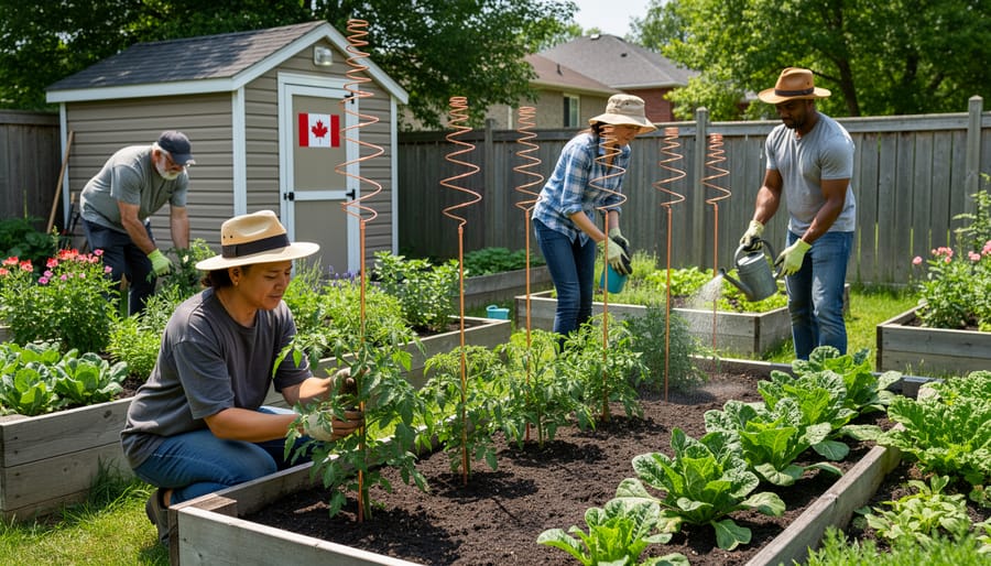 Gardener’s hands near copper wire antenna stakes in a Canadian community garden bed.
