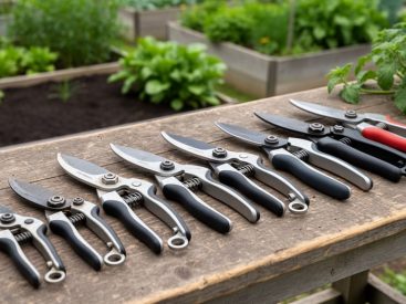 Close-up of bypass pruners and gardening clippers laid on a wooden bench in a Canadian community garden with raised beds in the background.
