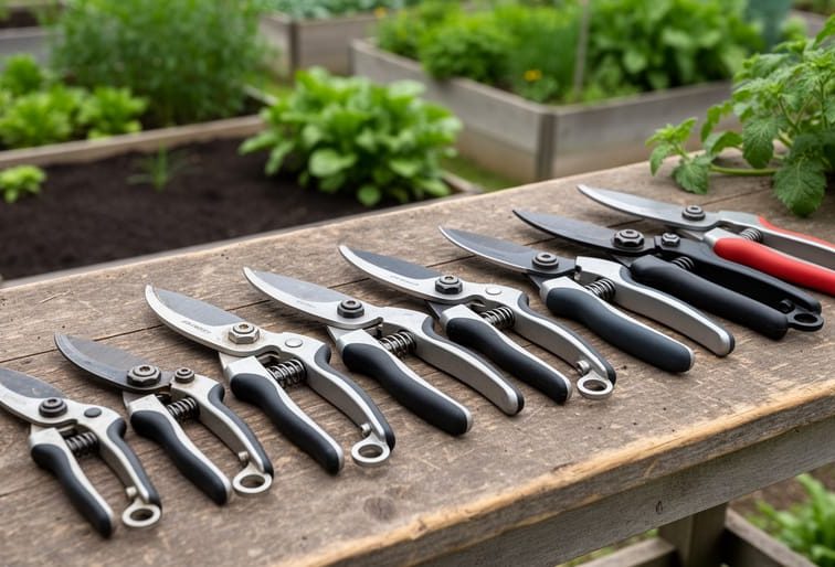 Close-up of bypass pruners and gardening clippers laid on a wooden bench in a Canadian community garden with raised beds in the background.