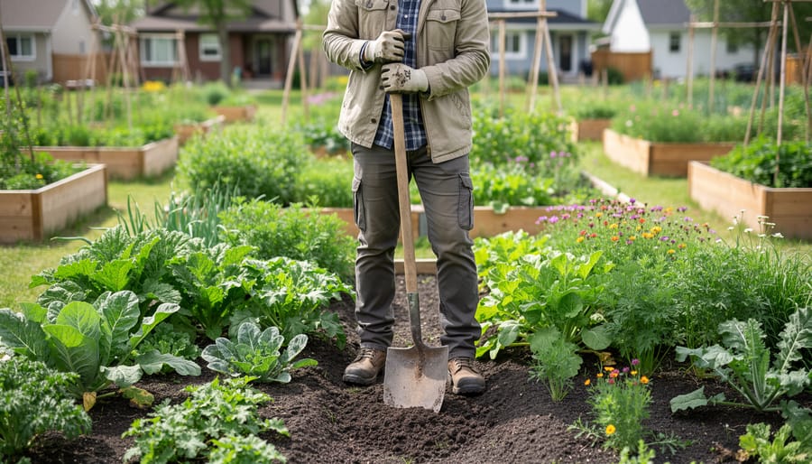 Gardener holding a long-handled hoe beside seedlings in a Canadian community garden bed.
