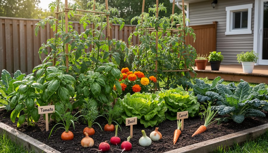 Mixed vegetable garden bed with tomato vines, basil, and carrots growing together in soil mulch.