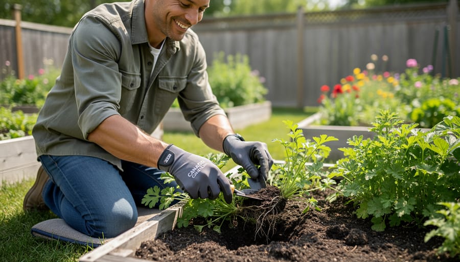 A Canadian community gardener kneeling in a raised garden bed while wearing gardening gloves and working with soil and a small tool