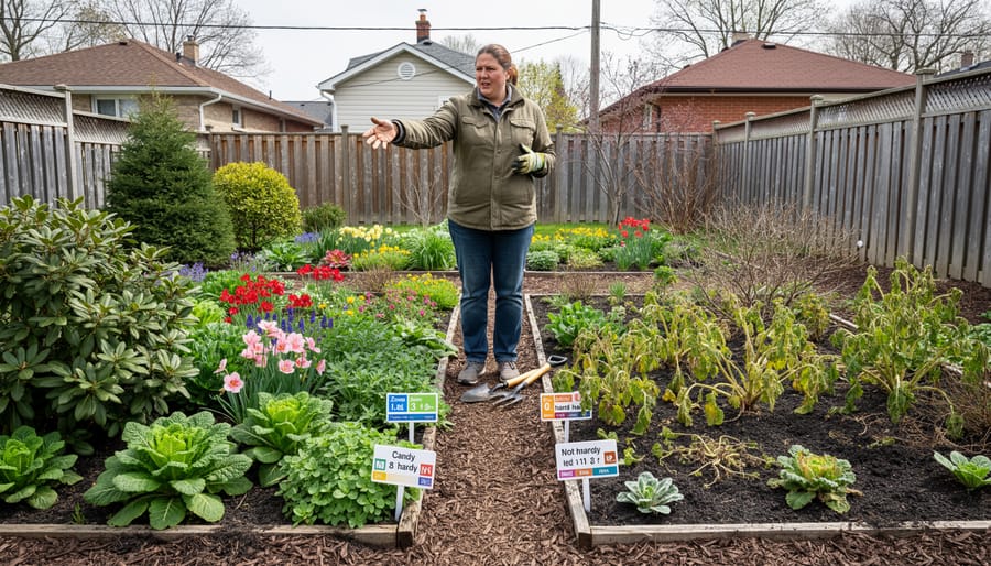 Canadian gardener holding a potted plant in a backyard garden bed