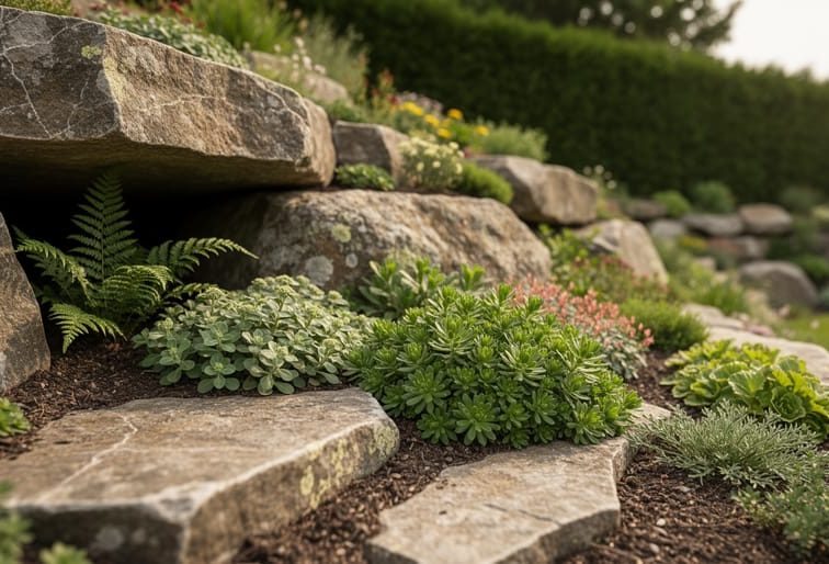 Alpine plants and sedums growing between weathered limestone boulders in a Canadian rock garden with ferns in a shaded area.