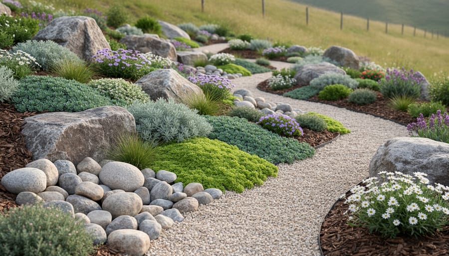 Rock garden bed with stacked boulders, gravel, and hardy alpine plants blooming