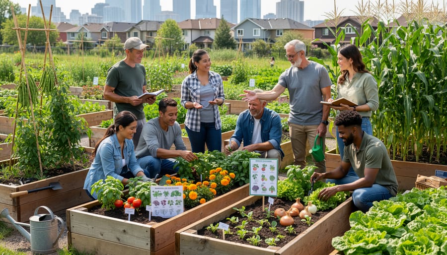 People gardening together in a community garden with raised beds of diverse plants.