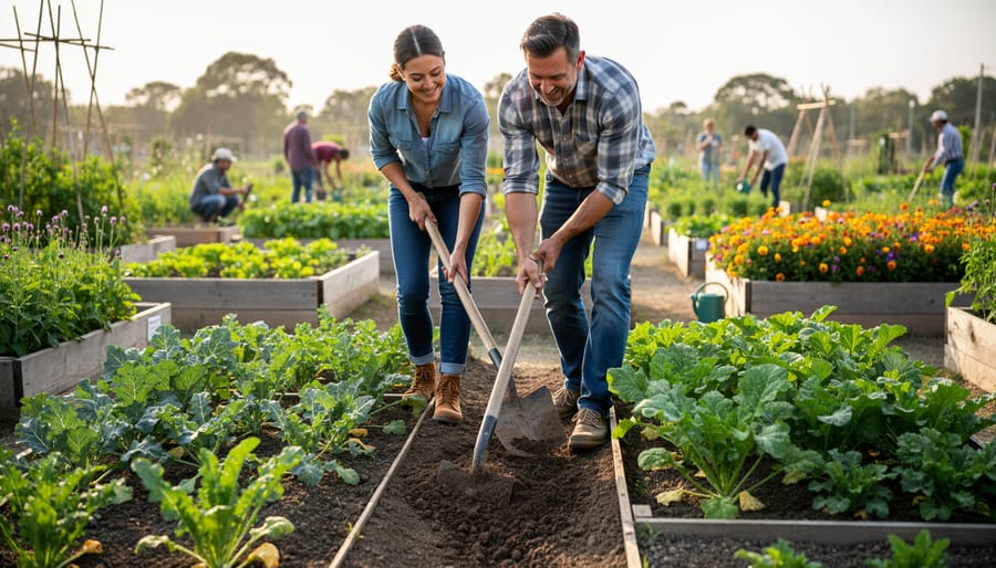 Two people gardening together with a hoe in a community garden during warm golden hour light.