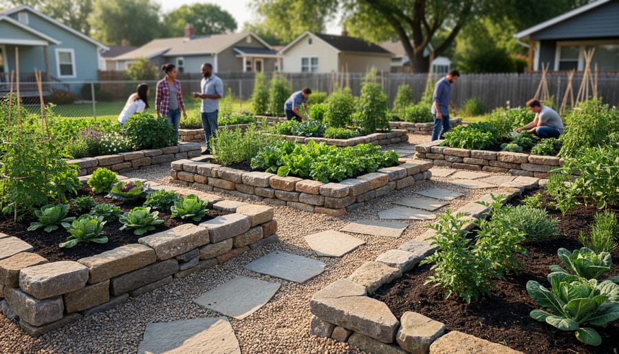 Community garden with raised beds bordered by stones and a stone stepping pathway