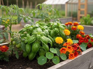 Close-up of thriving tomato and basil plants with marigolds and nasturtiums interplanted in a Canadian garden bed.