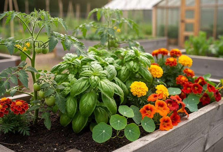 Close-up of thriving tomato and basil plants with marigolds and nasturtiums interplanted in a Canadian garden bed.