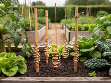 Copper wire spirals and a copper antenna attached to stakes in a raised vegetable bed with healthy tomato plants growing around them.