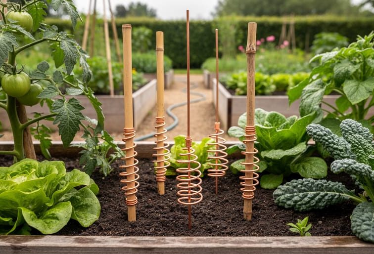 Copper wire spirals and a copper antenna attached to stakes in a raised vegetable bed with healthy tomato plants growing around them.