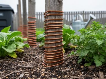 Copper wire wrapped around wooden stakes next to green plants in a Canadian backyard garden bed.