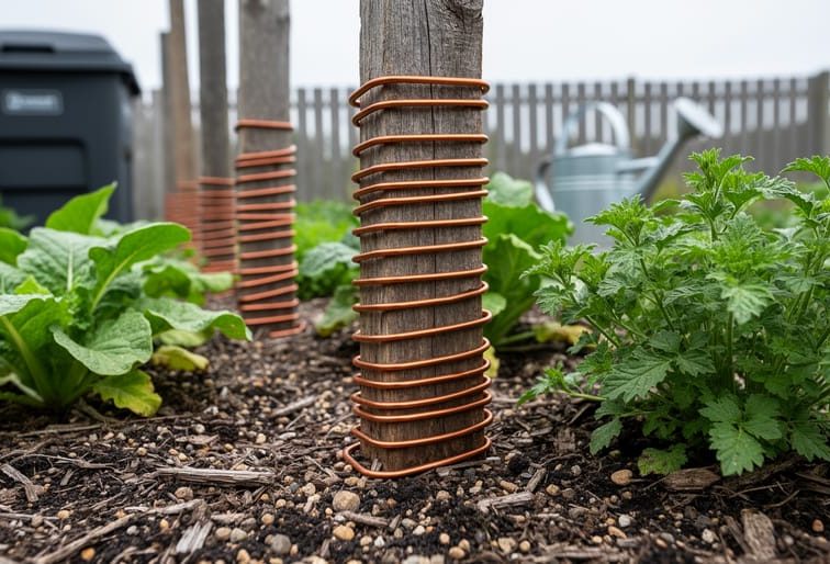 Copper wire wrapped around wooden stakes next to green plants in a Canadian backyard garden bed.