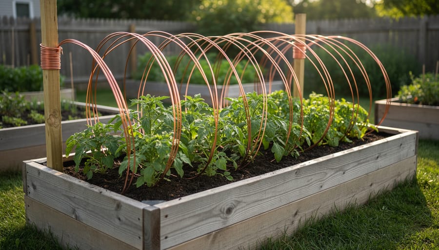 Raised garden bed with copper coils and thin wire loops near plant stems in soil