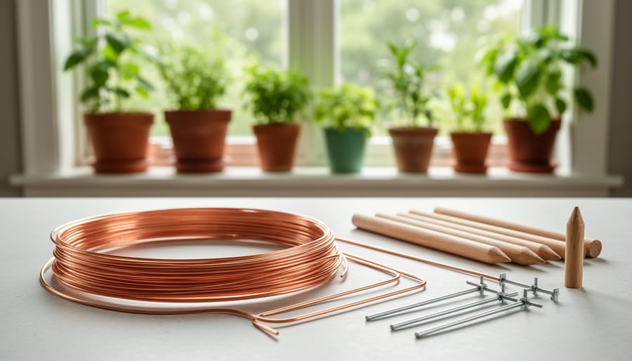 Copper wire coil and bamboo stake arranged on a potting tray with gardening tools.