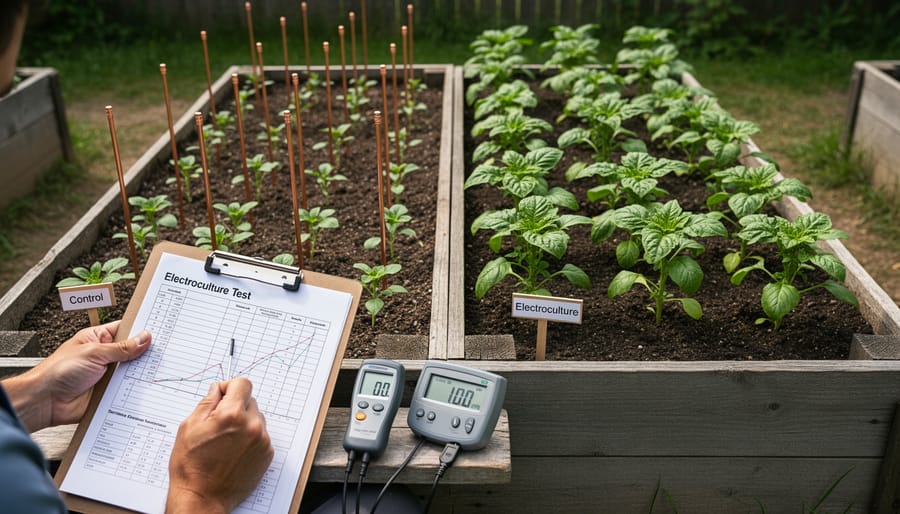 Canadian gardener kneeling by garden beds holding a notebook, with copper coil structures visible in one plot
