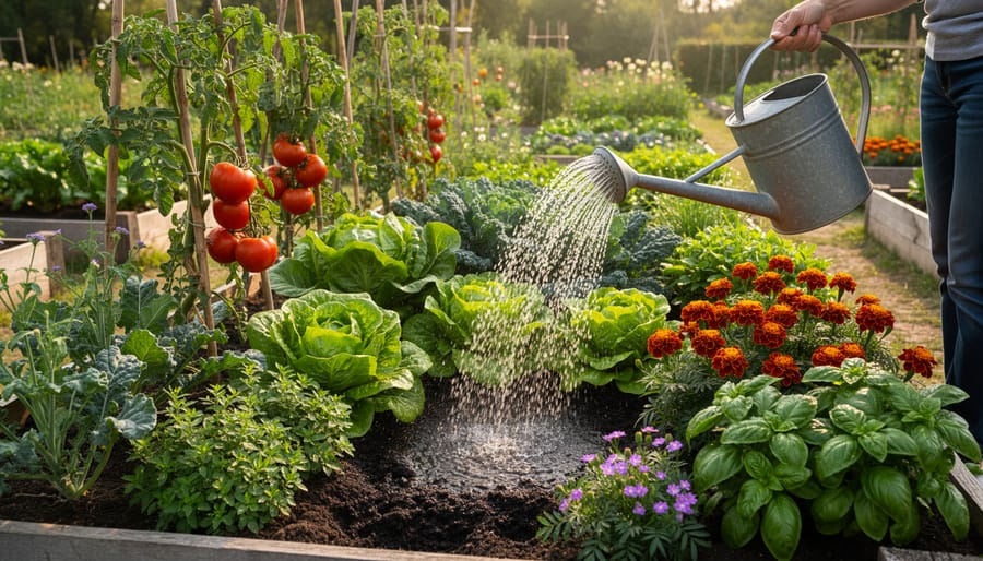 Gardener watering a mixed vegetable bed with water droplets on leaves and dark soil.