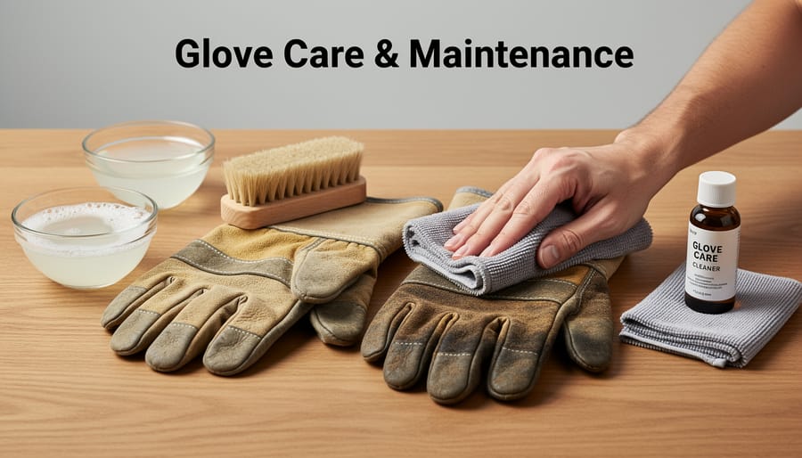 Gloved hands rinsing gardening gloves near a sink with soap and a soft brush