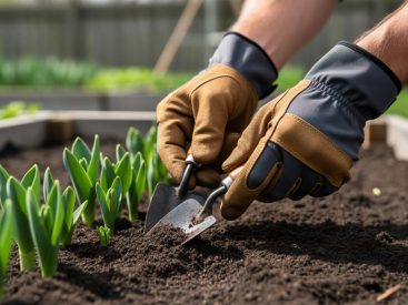 Close-up of a gardener’s hands wearing nitrile-coated and leather gardening gloves while working in a spring garden bed.