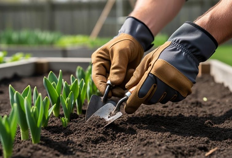 Close-up of a gardener’s hands wearing nitrile-coated and leather gardening gloves while working in a spring garden bed.