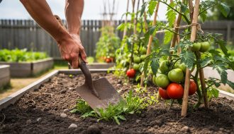 A gardener using a metal hoe to weed and cultivate a vegetable bed with tomato and bean plants in a Canadian garden.