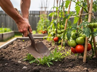 A gardener using a metal hoe to weed and cultivate a vegetable bed with tomato and bean plants in a Canadian garden.