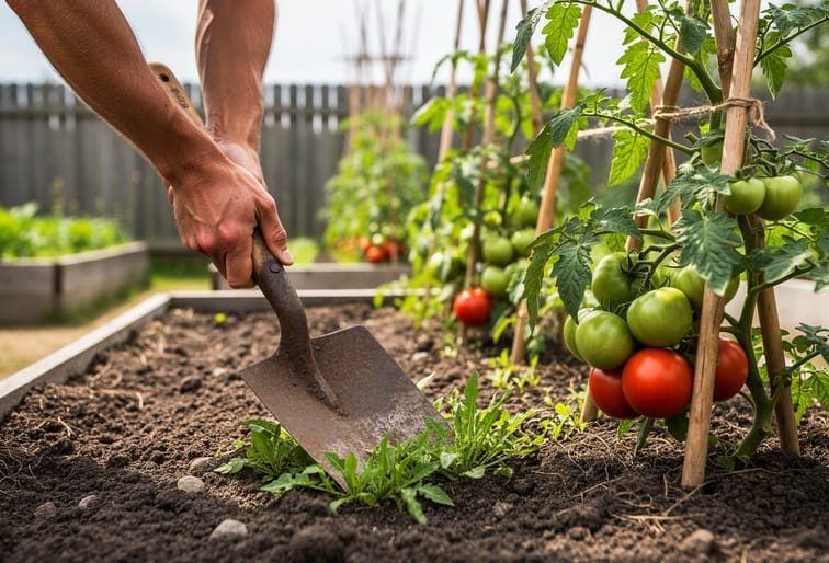 A gardener using a metal hoe to weed and cultivate a vegetable bed with tomato and bean plants in a Canadian garden.