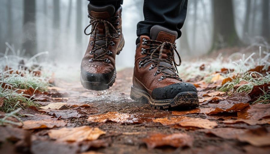 Insulated gardening boots standing on frosty soil with fallen wet leaves in the background.