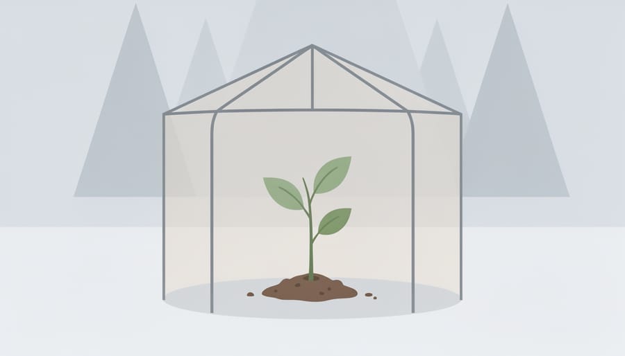 Gardener protecting a small plant with mulch and a simple winter cover