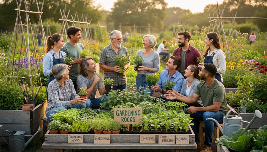 Community members gathered at a plant sale at a botanical garden with hardy plants and stones