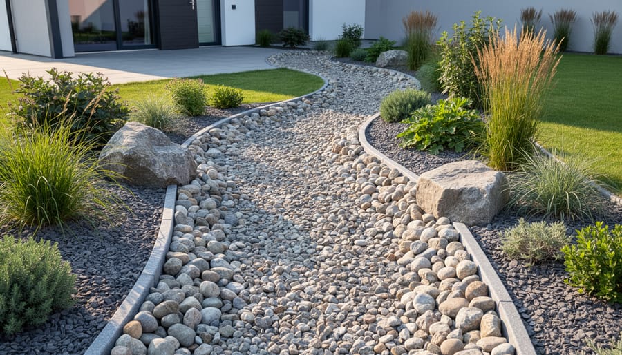 Garden hands placing pea gravel into a stone dry creek bed