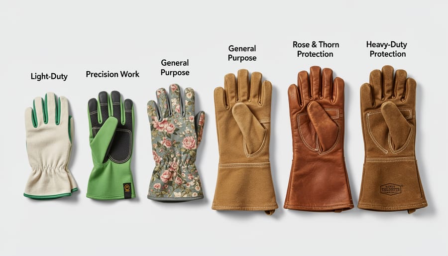 Three types of gardening gloves, short-cuff, long-cuff, and elbow-length, laid out on a workbench for comparison