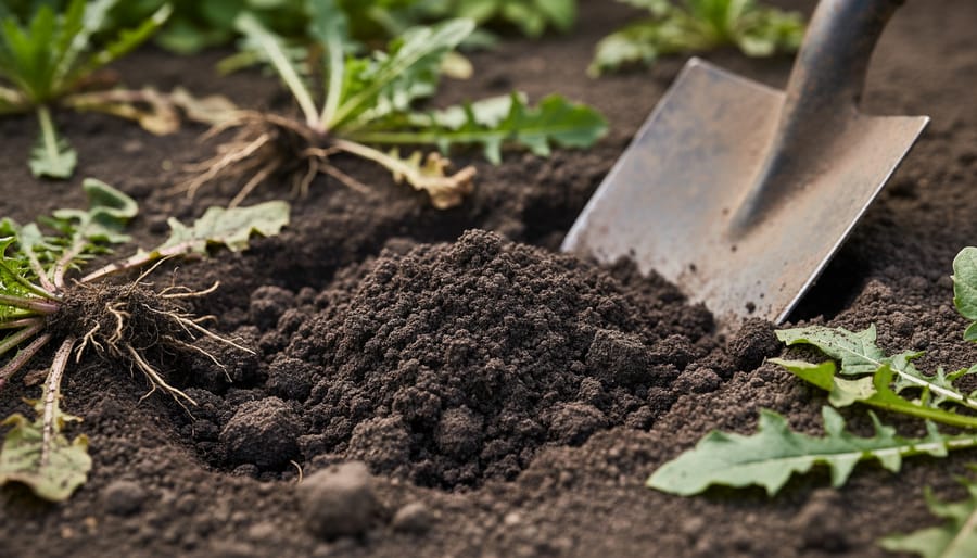 Close-up of dark soil with small weed seedlings and a partially visible hoe blade near the surface.