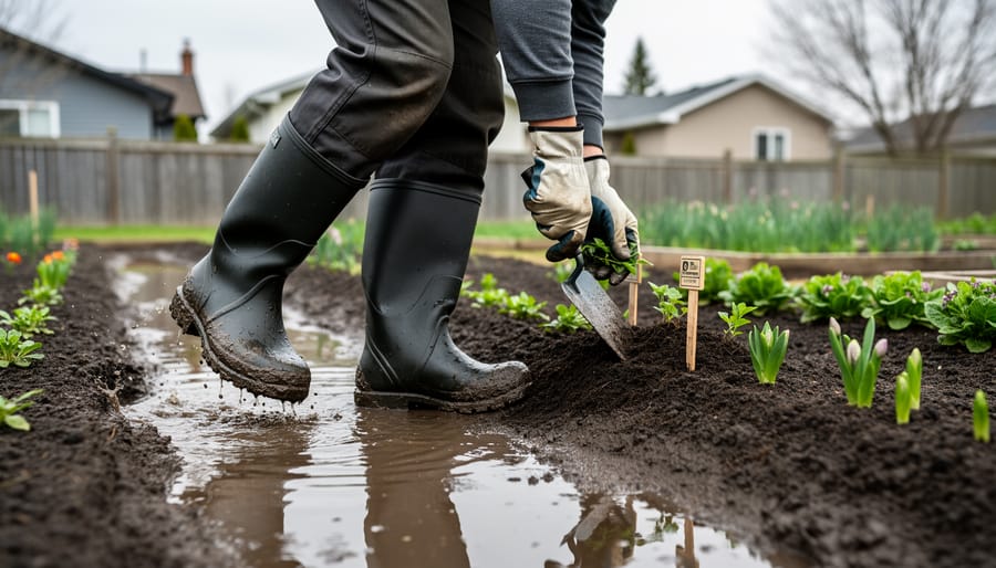A gardener wearing waterproof rubber gardening shoes steps through muddy ground toward a vegetable garden.