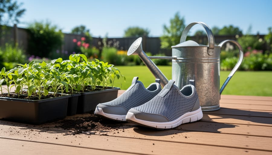 Breathable gardening shoes on a wooden step next to a watering can and fresh seedlings in a sunny garden setting.