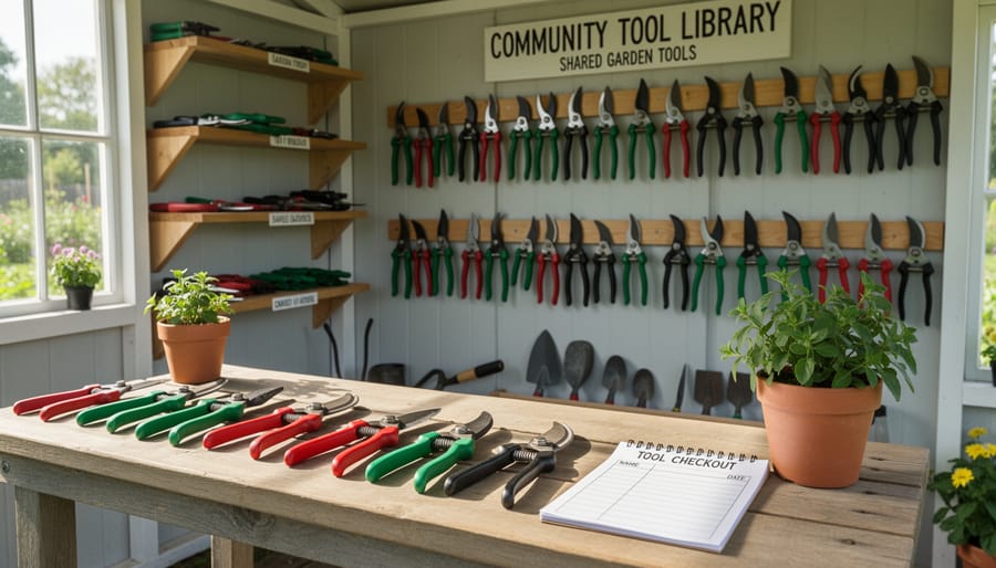 Gardening clippers and tools neatly organized on shelves in a community tool library
